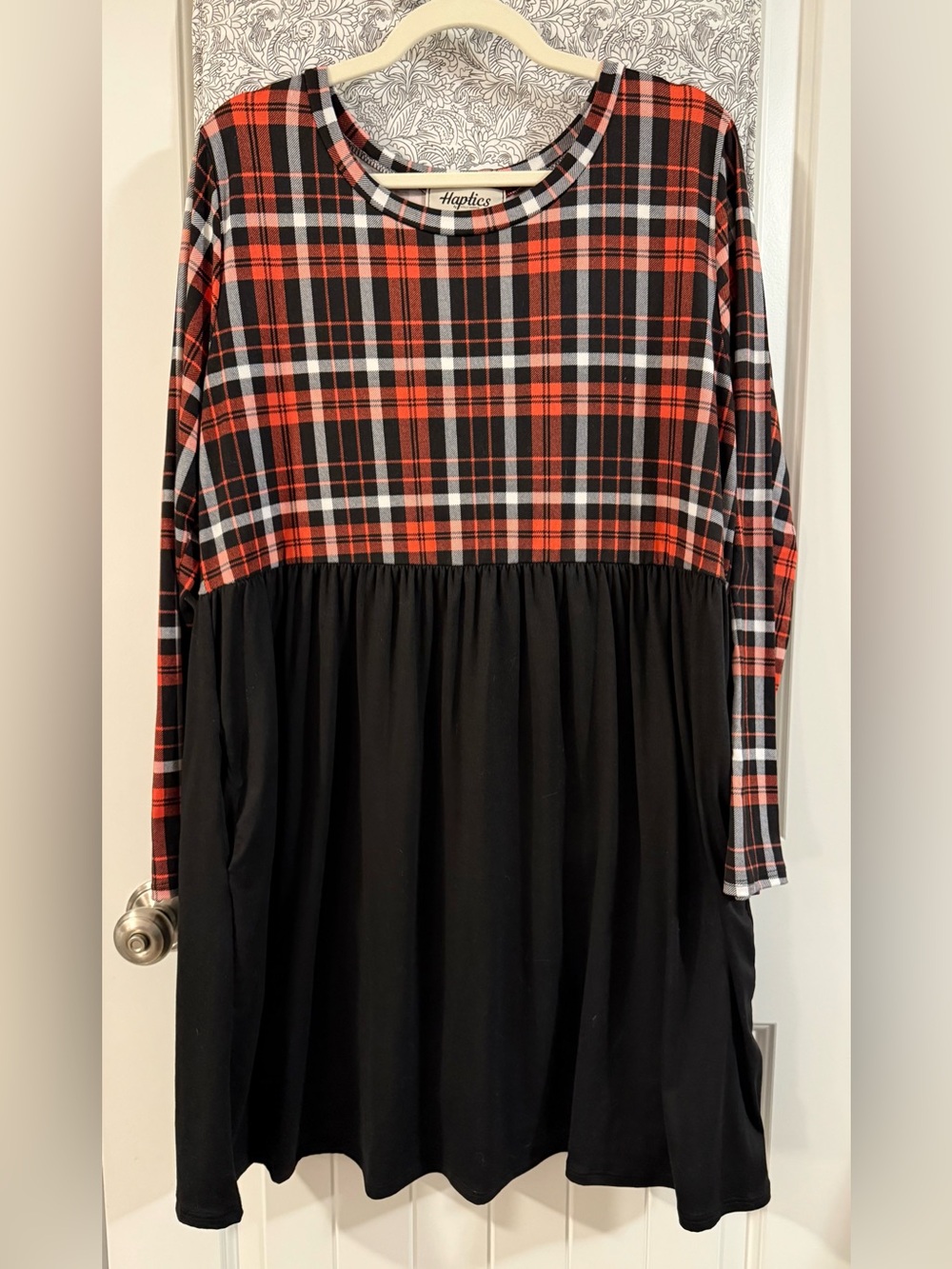 Red Plaid and Black Long-Sleeve Dress, Size Large